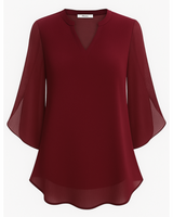 Damen Elegante V-Ausschnitt Bluse | 3/4 Ärmel – Weinrot