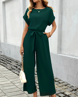 Damen Jumpsuit Mit Gürtel & Weitem Bein | Kurzarm – Dunkelgrün