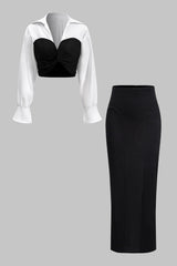 Martina | Elegantes Zweiteiler-Set mit Corsagen-Bluse & Bleistiftrock – Schwarz