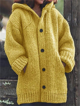 Lange Damen-Strickjacke mit Kapuze | Warme – Gelb