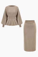 Amelie | Elegantes Strick-Set mit Peplum-Top & Bleistiftrock – Khaki