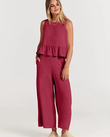 Damen Lässig Leichte Zweiteiliges Set | Hose und Oberteil – Rot