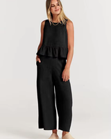 Damen Lässig Leichte Zweiteiliges Set | Hose und Oberteil – Schwarz