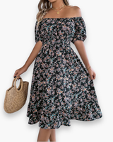 Damen Romantisches Shirred Midi Kleid | Blumenmuster – Schwarz
