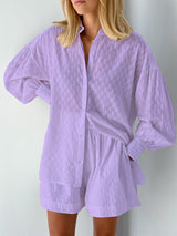 Leichter Zweiteiler aus Baumwollmix – Oversize Bluse & Shorts für Damen – Lila