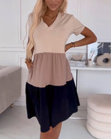 Alva | Farbblock Freizeitkleid mit kurzen Ärmeln – Khaki