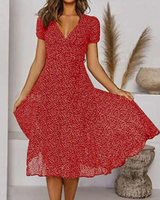 BelleRue - Bedrucktes Chiffonkleid mit kurzen Ärmeln und V-Ausschnitt für Damen – Rot