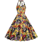 Halloween Kostüm Kleid mit Totenkopf Druck | Midi – Gelb