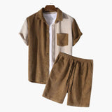 Herren Sommer Set aus Waffelstruktur mit Hemd und Shorts – Braun