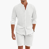 Herren Sommer Zweiteiler aus Leinenmix mit Hemd und Shorts – Weiß