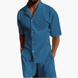 Herren Sommer Set aus strukturiertem Stoff mit Kurzarmhemd – Blau