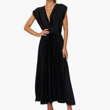 V-Ausschnitt Midi Abendkleid für Frauen - Elegante Faltenoptik – Schwarz