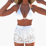 Damen-Bikini-Set mit Neckholder-Oberteil und Spitzenbesatz. – Weiß
