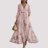 Leah - Florales Langärmeliges Midikleid – Rosa