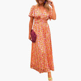 Florales Wickel-Maxikleid - für Damen mit V-Ausschnitt – Orange