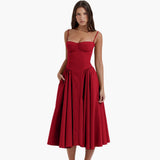 Midikleid Damen – Retro Corsagenkleid mit Trägern Sommer – Rot