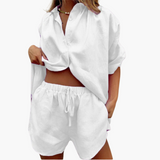 Zweiteiler Set für Damen - mit Knopfleiste und Shorts – Weiß
