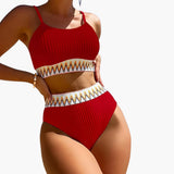 Damen-Bikini-Set mit geripptem Top und Bikinihose mit hoher Taille – Rot