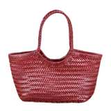Lena | Braun Geflochtene Leder-Shopper – Rustikal & Stilvoll – Burgunderrot