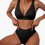 Geripptes Damen-Bikini-Set mit breiten Trägern für den Sommer – Schwarz