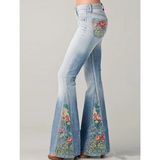 Damen-Jeans mit Blumenstickerei | ausgestellte Beinführung – Blau