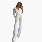Damen-Jumpsuit mit langen Ärmeln, V-Ausschnitt und voller Länge – Weiß