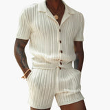Herren Sommer-Set aus Strick mit Polohemd und Shorts – Elfenbein