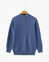Roman | Chunky knit Herren Chasmere Pullover mit Kabelstrickmuster & Halb Reißverschluss Kragen – Blau