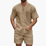 Herren Zweiteiler Set aus leichter Stoff mit Hemd und Shorts – Khaki
