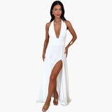 Maxikleid mit Schlitz - elegantes Damen Abendkleid Neckholder – Weiß