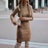 Damen Langarm Strickkleid | Midi – Khaki