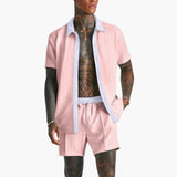 Herren Sommer Set mit Kurzarmhemd und Kordelzug Shorts – Rosa