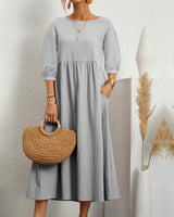 Midikleid mit Rundhalsausschnitt & Laternenärmeln – Selina – Grau