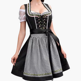 Oktoberfest Dirndl 2025 mit Spitzenbesatz und Karoschürze für Damen – Schwarz