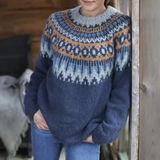 Norweger Grobstrickpullover Damen | Winterpullover Mit Rundhalsausschnitt – Blau