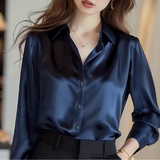 Elegantes Satin-Hemdblusenshirt für Damen | Lange Ärmel – Marineblau