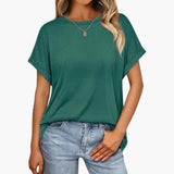 Damen Oversize T-Shirt mit Rundhals und Umschlagärmeln – Dunkelgrün