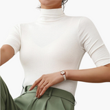 Damen Rollkragenpullover mit halbem Arm und nahtlosem Design – Weiß