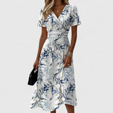Tabitha | V-Ausschnitt Kurzarm Midikleid – Blumenmuster Weiß
