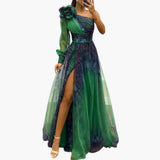 One-Shoulder Maxikleid mit Mesh-Print - Damen Abendmode – Dunkelgrün