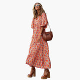 Boho Maxikleid für Damen - Blumenmuster & lockere Passform – Orange