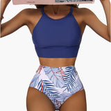 Blumenmuster High-Waist Bikini - Damen Zweiteiler für den Sommer – Blau