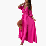 Maxikleid mit V-Ausschnitt und Schlitz – Damen Abendmode – Rosa