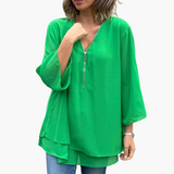Halb-Zip Langarmshirt - Damen V-Ausschnitt Oberteil Casual – Grün