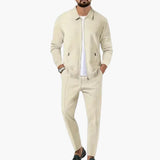 Herren Zweiteiler mit Reißverschlusshemd und Geradschnitt-Hose – Beige