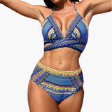Dreiteiliges Bikini-Set - Damen High-Waist mit Kreuzträgern – Blau