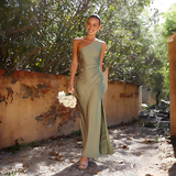 Damen Ein Schulter Lange Maxi Satin Kleid – Grün