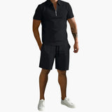 Herren Sommer-Zweiteiler mit Half-Zip-Shirt und Shorts – Schwarz