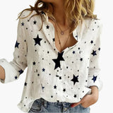 Langarm Damen-Bluse - Vintage Stil mit großen Punkten – Weiß mit schwarzen Sternen