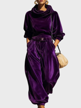 Skaidre - Vintage Samt Kapuzenpullover Und Lockere Hose Im Set – Violett